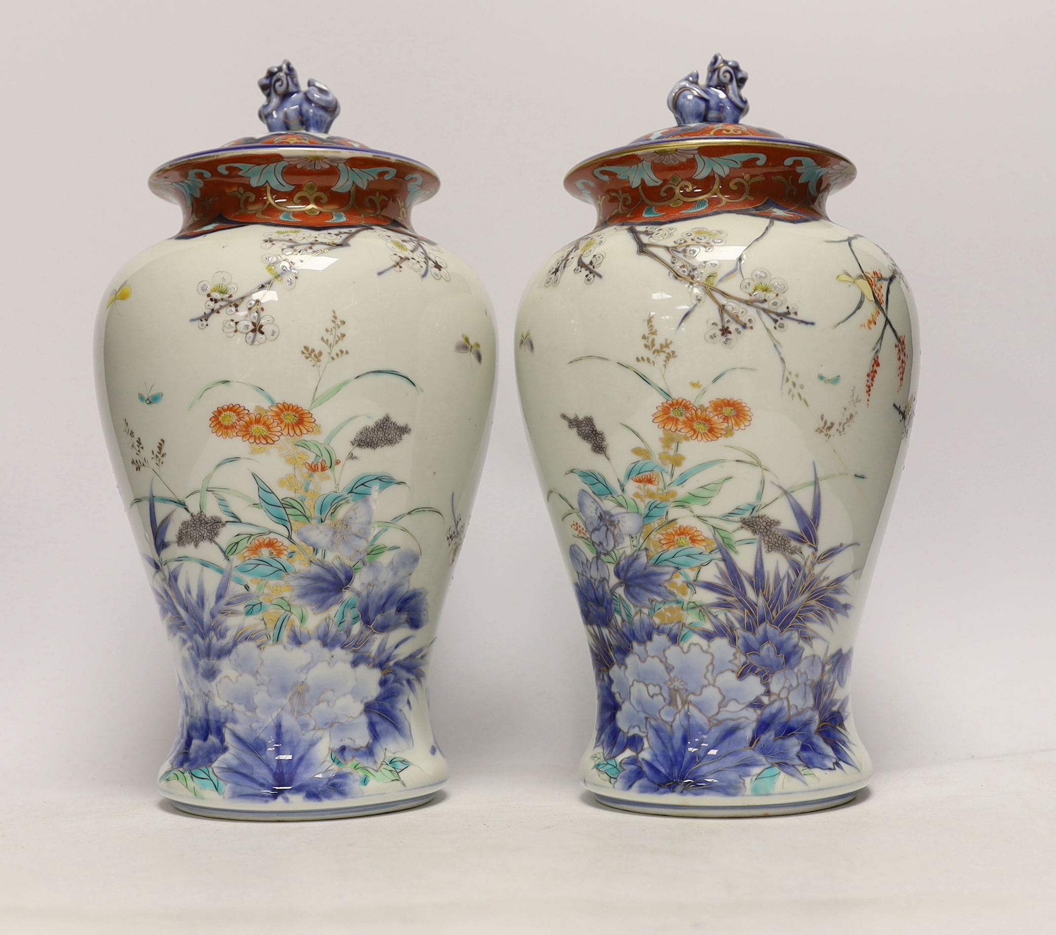 A pair of Japanese Imari vases and covers, by Fukugawa, koransha mark, 32cm high